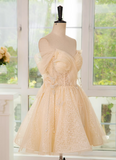 Ndyad A-line off shoulder tulle lace short prom dress, champagne homecoming dress HZ1024