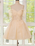 Ndyad A-line off shoulder tulle lace short prom dress, champagne homecoming dress HZ1024