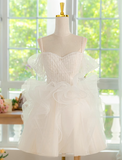 Ndyad A-line off-the-shoulder tulle lace short prom dress, white homecoming dress HZ1024
