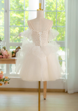 Ndyad A-line off-the-shoulder tulle lace short prom dress, white homecoming dress HZ1024