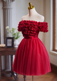 Ndyad A-line off-the-shoulder tulle short prom dress, Burgundy engagement dress homecoming dress HZ1024