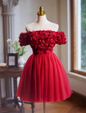 Ndyad A-line off-the-shoulder tulle short prom dress, Burgundy engagement dress homecoming dress HZ1024