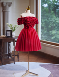 Ndyad A-line off-the-shoulder tulle short prom dress, Burgundy engagement dress homecoming dress HZ1024