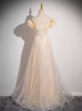Ndyad A-line off-the-shoulder tulle sequined long prom dress, sweet 16 dress HZ1024