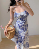 Ndyad retro ruffle hem purple floral suspender dress HZ1024