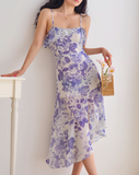 Ndyad retro ruffle hem purple floral suspender dress HZ1024