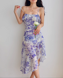 Ndyad retro ruffle hem purple floral suspender dress HZ1024