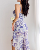 Ndyad retro ruffle hem purple floral suspender dress HZ1024