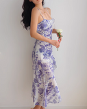 Ndyad retro ruffle hem purple floral suspender dress HZ1024