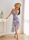 Ndyad retro ruffle hem purple floral suspender dress HZ1024