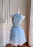 Ndyad A-line beaded tulle short prom dress, blue homecoming dress HZ1024