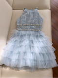 Ndyad A-line beaded tulle short prom dress, blue homecoming dress HZ1024