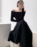 Ndyad niche design one-shoulder French Hepburn style waisted black and white slim long dress dress for women HZ1024