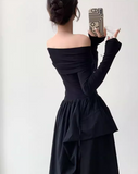Ndyad niche design one-shoulder French Hepburn style waisted black and white slim long dress dress for women HZ1024