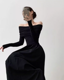 Ndyad niche design one-shoulder French Hepburn style waisted black and white slim long dress dress for women HZ1024