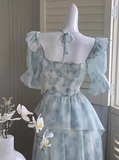 Ndyad style ruffle waist slim irregular gentle style blue floral chiffon dress for women HZ1024