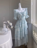 Ndyad style ruffle waist slim irregular gentle style blue floral chiffon dress for women HZ1024