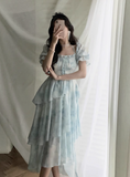 Ndyad style ruffle waist slim irregular gentle style blue floral chiffon dress for women HZ1024