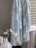 Ndyad style ruffle waist slim irregular gentle style blue floral chiffon dress for women HZ1024