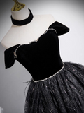 Ndyad A-line Off-shoulder Velvet Tulle Sequin Long Prom Dress, Black Formal Dress HZ1024