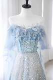 Ndyad A-line Off-the-shoulder Sequin Tulle Long Prom Dress, Blue Formal Dress HZ1024