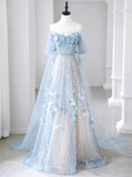 Ndyad A-line Off-the-shoulder Sequin Tulle Long Prom Dress, Blue Formal Dress HZ1024