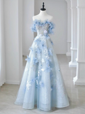 Ndyad A-line Off-the-shoulder Tulle Sequins Long Prom Dress, Blue Long Formal Dress HZ1024