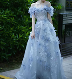 Ndyad A-line Off-the-shoulder Tulle Sequins Long Prom Dress, Blue Long Formal Dress HZ1024
