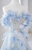 Ndyad A-line Off-the-shoulder Tulle Sequins Long Prom Dress, Blue Long Formal Dress HZ1024