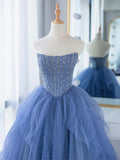 Ndyad A-line Blue Strapless Tulle Sequins Long Prom Dresses HZ1024