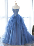 Ndyad A-line Blue Strapless Tulle Sequins Long Prom Dresses HZ1024