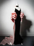 Ndyad V Neck Velvet Black Long Prom Dress, Black Party Dress HZ1024