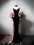 Ndyad V Neck Velvet Black Long Prom Dress, Black Party Dress HZ1024