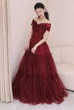 Ndyad A-Line Off Shoulder Tulle Long Prom Dress, Burgundy Long Evening Dress HZ1024