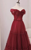 Ndyad A-Line Off Shoulder Tulle Long Prom Dress, Burgundy Long Evening Dress HZ1024