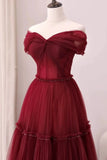 Ndyad A-Line Off Shoulder Tulle Long Prom Dress, Burgundy Long Evening Dress HZ1024