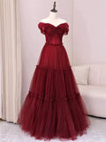 Ndyad A-Line Off Shoulder Tulle Long Prom Dress, Burgundy Long Evening Dress HZ1024