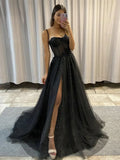 Ndyad tulle sequin long prom dress, black tulle evening dress HZ1024
