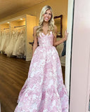 Ndyad A-Line Sweetheart Floral Printed Long Prom Dresses HZ1024