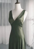 Ndyad A-Line Dark Green SatinV-Neckline Low Back Prom Dress, Dark Green Formal Dress HZ1024