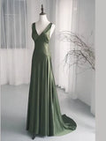 Ndyad A-Line Dark Green SatinV-Neckline Low Back Prom Dress, Dark Green Formal Dress HZ1024