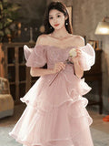 Ndyad A-line Off Shoulder Tulle Sequins Long Prom Dress, Pink Sweet 16 Dress HZ1024