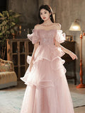Ndyad A-line Off Shoulder Tulle Sequins Long Prom Dress, Pink Sweet 16 Dress HZ1024