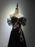 Ndyad A-line Off Shoulder Tulle Velvet Long Prom Dress,Sequin Formal Evening Dress HZ1024