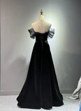Ndyad A-line Off Shoulder Tulle Velvet Long Prom Dress,Sequin Formal Evening Dress HZ1024