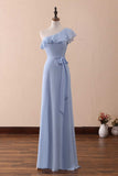Ndyad A-Line One-Shoulder Ruffled Chiffon Long Bridesmaid Dress Prom Dress HZ1024