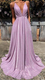 Ndyad A-Line Pink Sequin Prom Dresses V Neck Evening Dress HZ1024