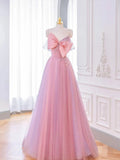 Ndyad A-line Pink Tulle Long Prom Dress with Bow, Pink Formal Dresses HZ1024