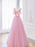 Ndyad A-line Pink Tulle Long Prom Dress with Bow, Pink Formal Dresses HZ1024