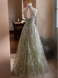 Ndyad A-line Halterneck Tulle Sequins Long Prom Dress, Beaded Evening Dress HZ1024